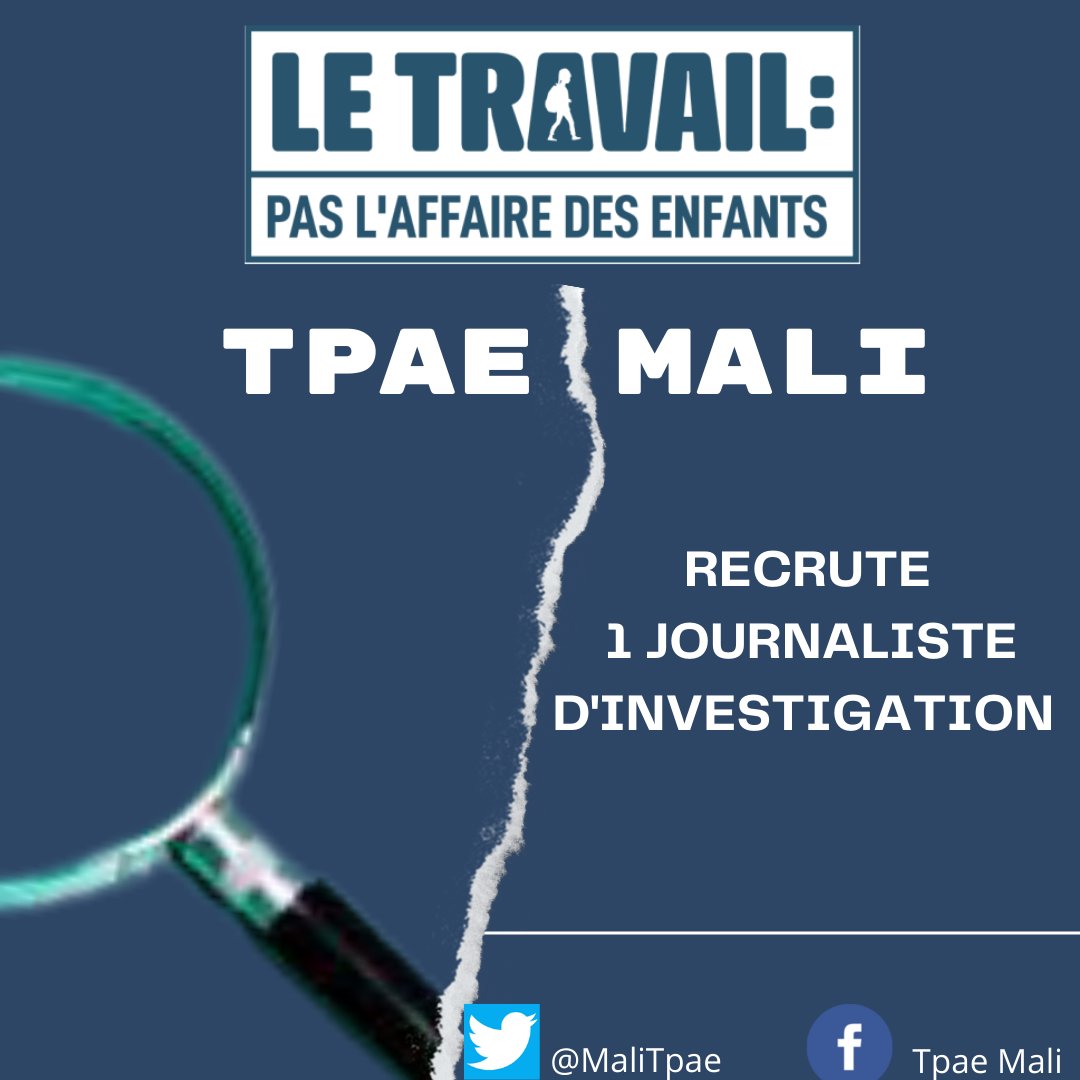 MaliTpae's tweet photo. @MaliTpae "Travail Pas Affaire des Enfants" dans le cadre sa la mise en œuvre, recherche 1 Consultant.e sur la production journalistique du travail des enfants au Mali.
Merci de cliquer sur le lien si vous êtes intéressé.
https://t.co/jFX1gd9S7W https://t.co/nYmjwN200N
