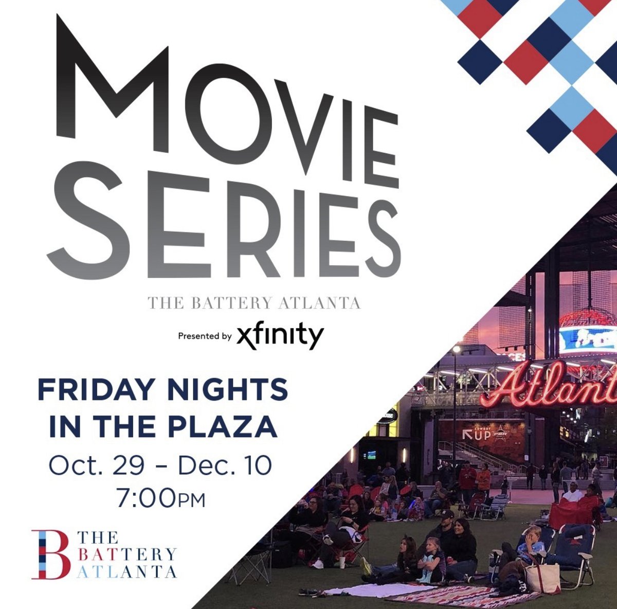 BatteryATL's tweet photo. The Xfinity Movie Series is BACK beginning Oct 29th! Stake your spot on the Plaza Green every Friday night at 7pm through Dec 10 to enjoy a family-friendly movie under the stars. 🤩 For more information + to check out the 2021 movie lineup, visit https://t.co/9wctz95vve https://t.co/dtz9GBmsYI