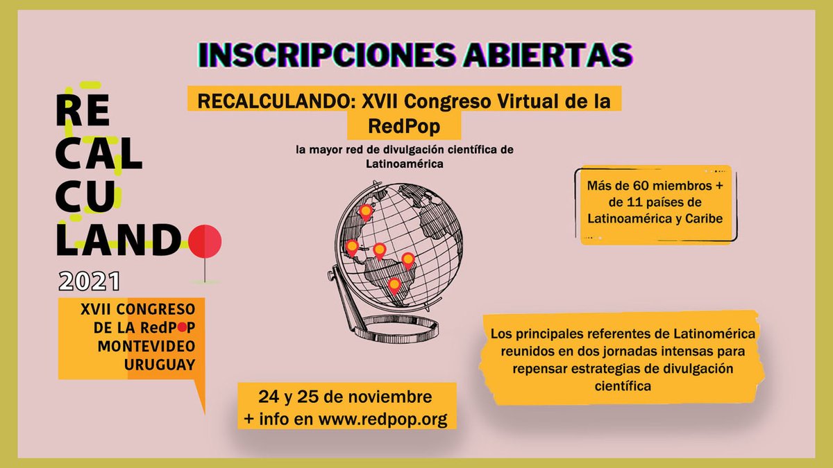 ¿Ya reservaste tu cupo para #Recalculando2021? No te pierdas el congreso, donde nos encontraremos con los principales referentes de la divulgación científica, para repensar estrategias  en tiempos de pandemia. PUEDES INSCRIBIRTE EN EL SIGUIENTE ENLACE 👇
 redpopcongreso2021.com