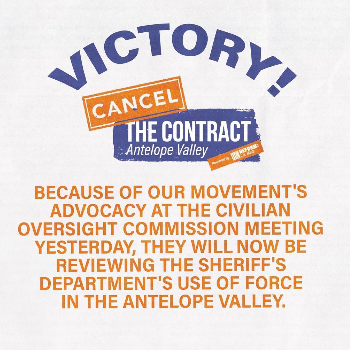 There is no doubt: when we come together, when we stand up for what is right—we will win. Based on <a href="/canAVcontract/">Cancel the Contract Antelope Valley</a> advocacy the <a href="/LACountyCOC/">LA County Sheriff Civilian Oversight Commission</a> is reviewing use of force in the #AntelopeValley. Let’s continue to demand and speak truth to power, until we #cancelthecontractav!