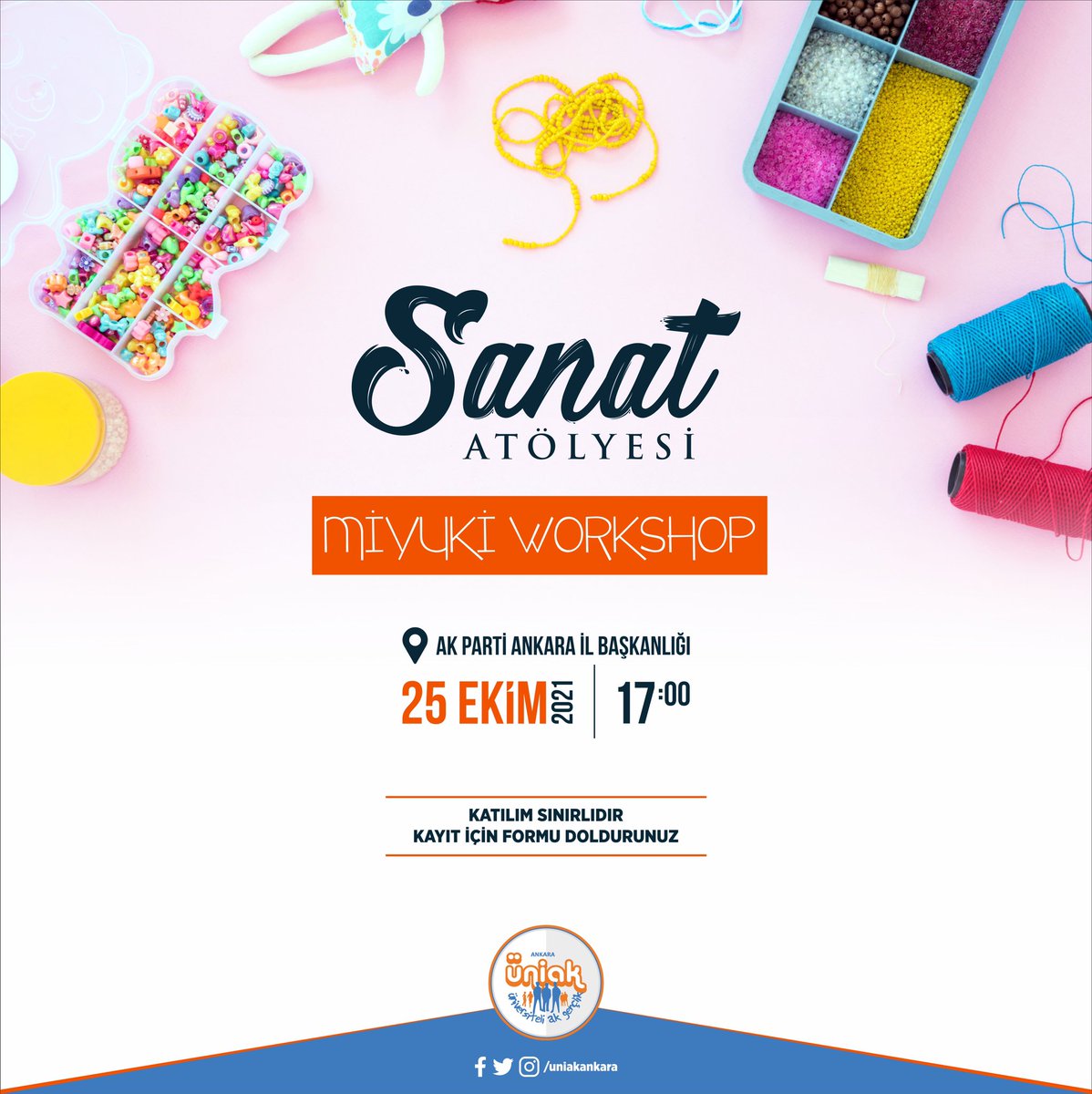 Yeni arkadaşlarımız ile ÜniAK Ankara Sanat Atölyemizde buluşuyoruz. 🥳

Miyuki workshop etkinliğimiz ile el becerilerinizi geliştirmeyi ve beraber güzel vakit geçirmeyi hedefiyoruz. 🧶

📅25/10/2021
🕣17.00
📍Ak Parti Ankara İl Başkanlığı

Katılım için ⬇️
forms.gle/e8SHkpZ8xwKH24…