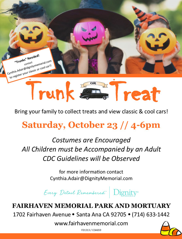 FairhavenOC's tweet photo. Trunk &amp; Treat TOMORROW Sat. Oct 23 from 4-6pm at Fairhaven Memorial Park in #SantaAna #trunkandtreat #freeevent #halloween https://t.co/g7gVbzFy4G