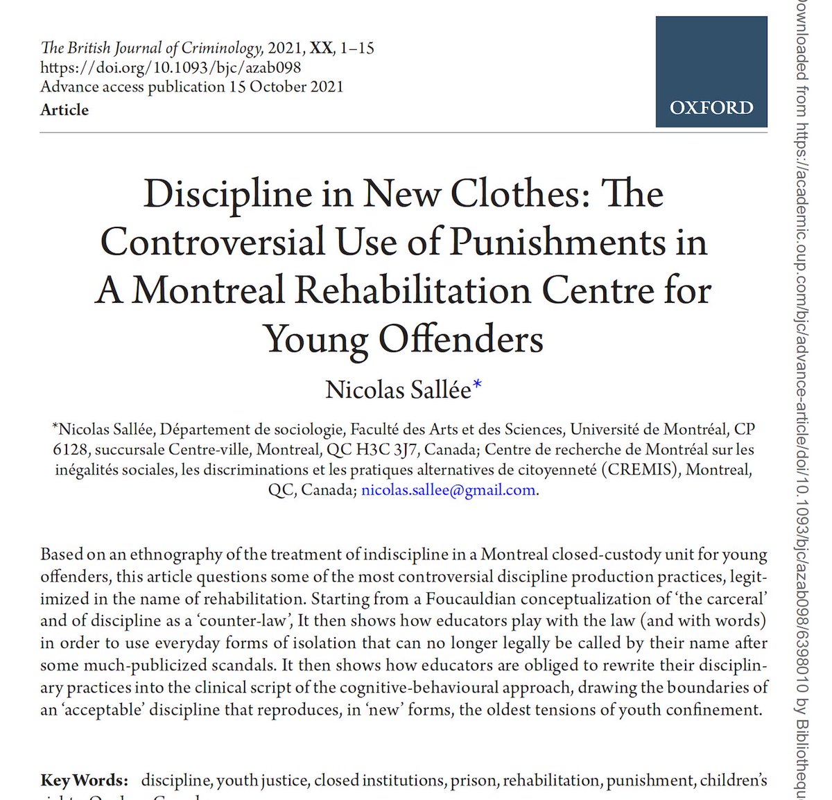 nicolas_sallee's tweet photo. Mon petit dernier, sur l'actualité du concept foucaldien de «discipline», peut-être moins «dépassé» qu'on ne le pense parfois? Discipline in New Clothes: The Controversial Use of Punishments in A Montreal Rehabilitation Centre for Young Offenders
https://t.co/czt6FCTNRb https://t.co/sAOnGCWYS9