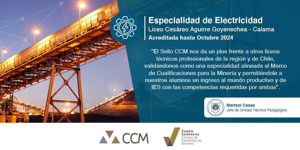 CCMineras's tweet photo. Te invitamos a conocer la Especialidad de Electricidad del Liceo Cesáreo Aguirre Goyenechea acreditada con el Sello de Calidad CCM, el cual confirma que su malla curricular está alineada al Marco de Cualificaciones de la Minería. 
#SelloCCM https://t.co/MfVScD7lEs