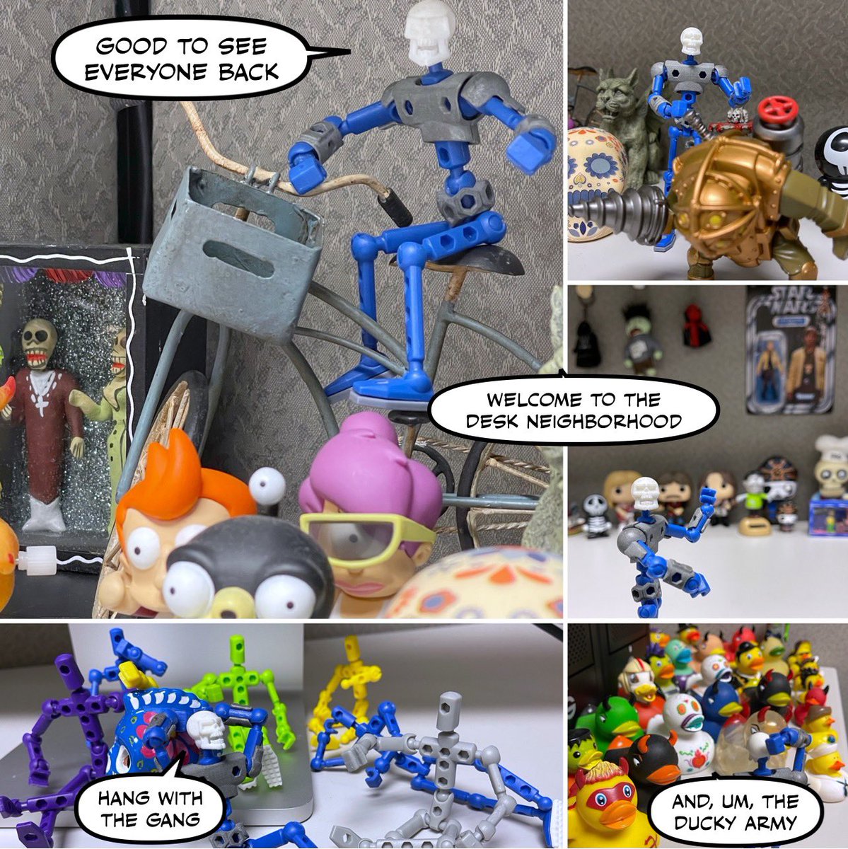 AdventuresofES's tweet photo. Desk move means the desk neighbors needed to find their new space. 
#modibot #toyphotography #toyphotographer #toycommunity #photocomic #adventures #desktoys #duckies #starwarstoys #funkopop https://t.co/2nYCZkCMDK