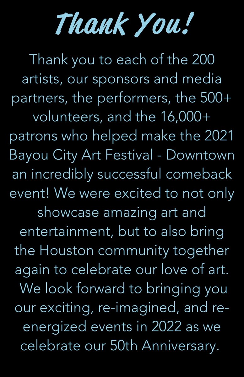 HoustonBCAF's tweet photo. Thank you for a successful 2021 Bayou City Art Festival Downtown! We can’t wait to see you in 2022 for our Memorial Park Festival on March 25-27, 2022 and to celebrate our 50th anniversary! #houstonartfest #bayoucityartfestival https://t.co/0uhiHWXylA