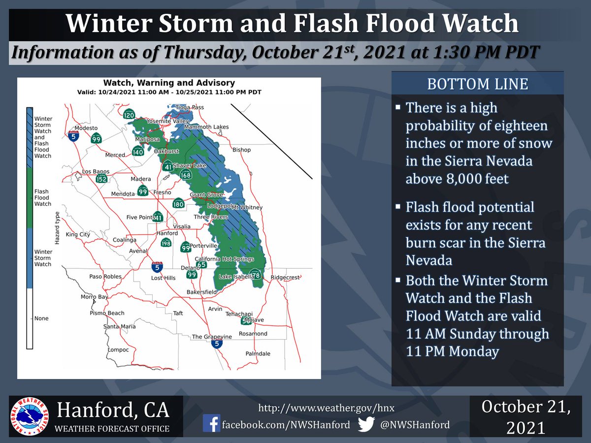 The National Weather Service (NWS) is forecasting heavy winter weather for the Sierra National Forest (SNF) Sun. Oct. 24, 2021 into Mon. Oct. 25, 2021. The weather system is expected to bring needed rainfall to the valley, and snow to the Southern Sierra. go.usa.gov/xMSKY