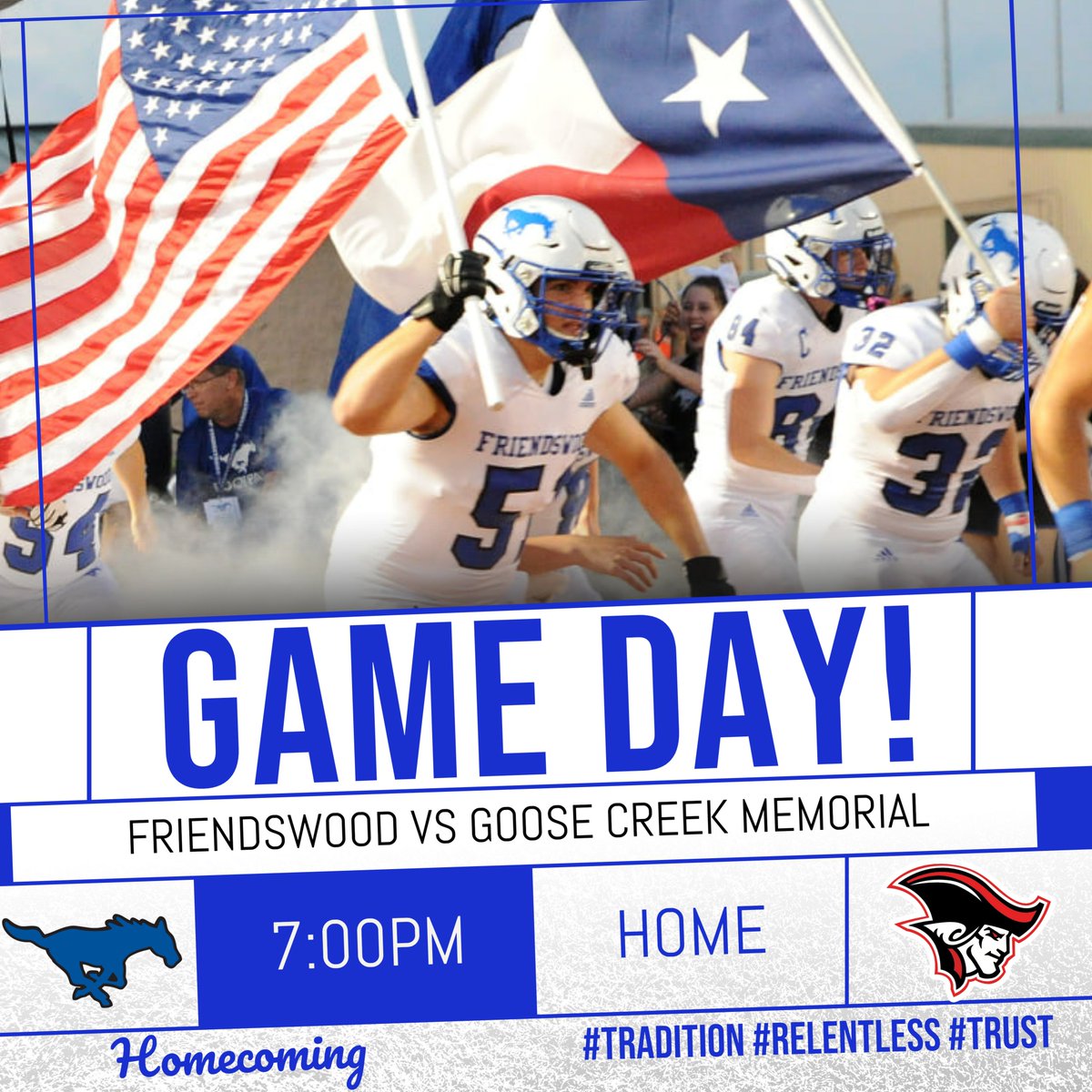 FwoodFootball's tweet photo. Game Day!

It's Homecoming at Friendswood High School tonight as your Mustangs take on the Goose Creek Memorial Patriots!

Come enjoy all the pageantry as we look to win our 4th in a row and take a giant step towards the playoffs!

Kickoff is set for 7 PM

Uniforms ⚪️🔵⚪️ https://t.co/qmMio3vnUK