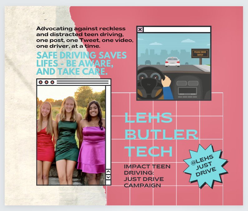 lehsjustdrive's tweet photo. Hello! We are three students from LEHS - Butler Tech, hoping to promote awareness to end reckless and distracted teen driving. We are participating in Impact Teen Driving’s Just Drive Campaign to create a social media campaign on Instagram and Twitter. @lehsjustdrive! https://t.co/I7Wq7T5uZS