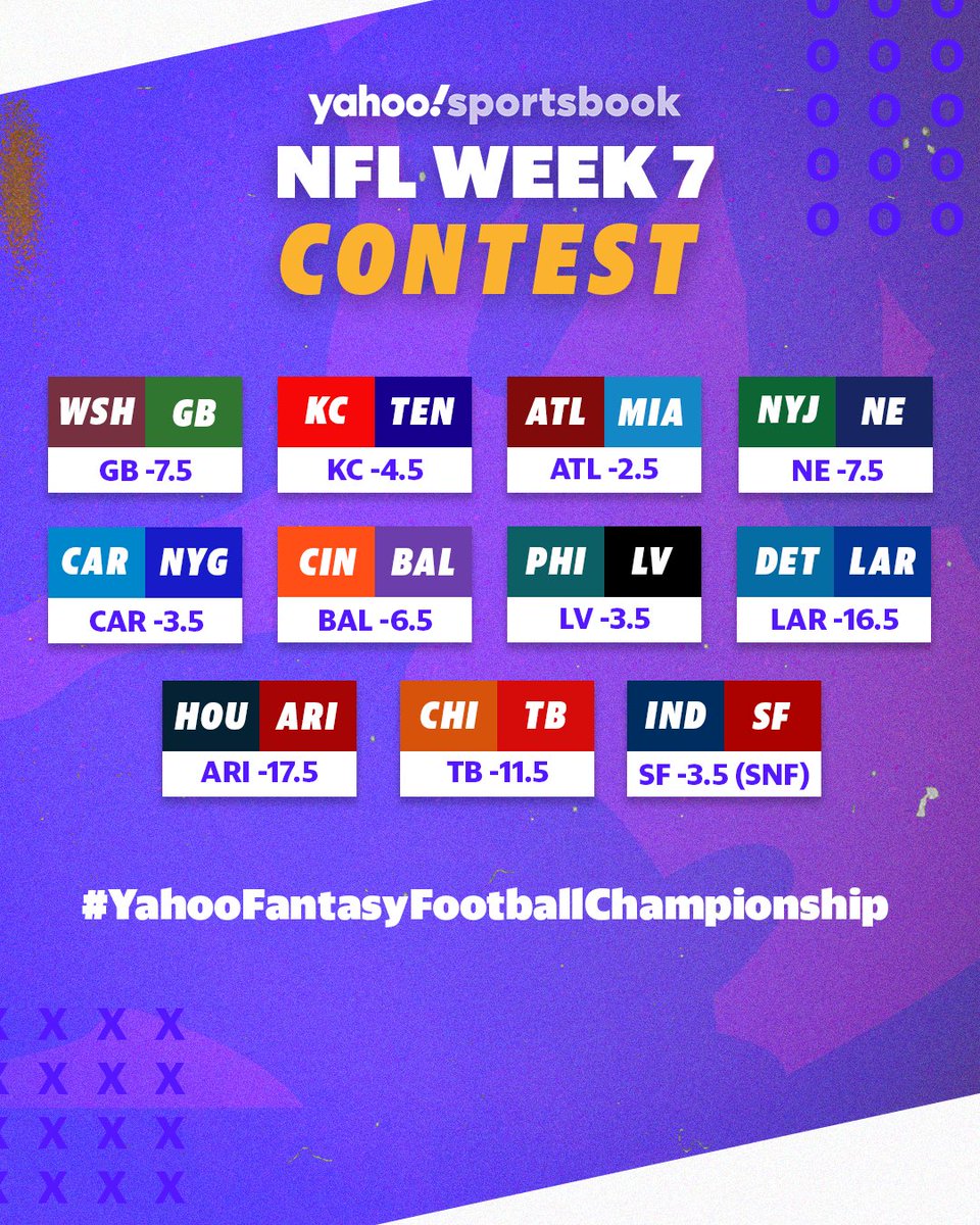 YahooSportsbook's tweet image. 🚨 LIVE $200K DFS event at MGM National Harbor for Week 14🚨

How to earn an entry:
1. Comment 5 picks ATS using #YahooFantasyFootballChampionship
2. Predict total points scored on Sunday (tiebreak)
3. Follow us
4. RT this post
Closes Sun 1pm ET
Rules: yhoo.it/38UnpNg