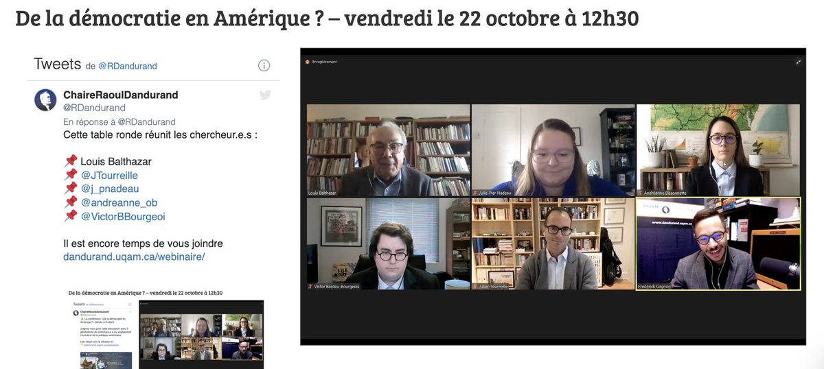 #Conférence «De la démocratie en Amérique ?» 

États-Unis post-11 septembre, réélection de George W. Bush, glissement démocratique, crise migratoire, et montée de l’extrême droite : une partie de ce qui a marqué les chercheur.e.s depuis 20 ans.

<a href="/RDandurand/">ChaireRaoulDandurand</a>