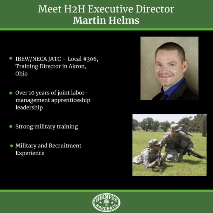 HelmetsHardhats's tweet image. IT’S FRIDAY and we want to leave you with some E X C I T I N G news! 🥳
 
Helmets to Hardhats has welcomed our new Executive Director, Martin Helms! 🔥