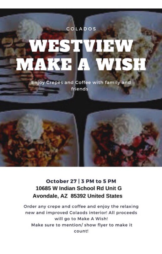 westviewstugo's tweet photo. Join us at Colados October 27 To help support our make a wish fundraiser, hope to see you knights there ! https://t.co/M2FyTDuV8z