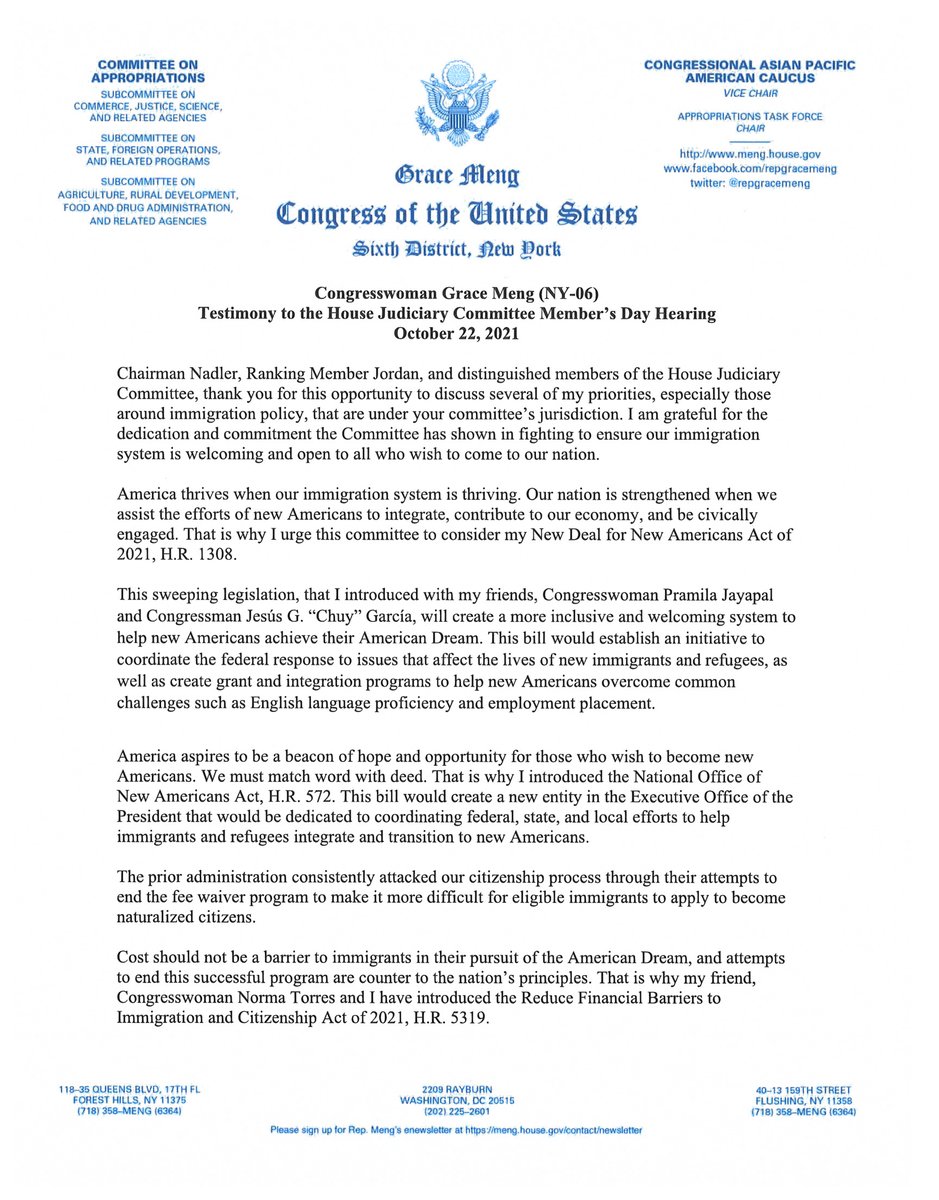 RepGraceMeng's tweet photo. Today, I submitted testimony to @HouseJudiciary on several pieces of legislation I’m fighting to pass that would help #immigrants, #refugees and #NewAmericans. Must ensure that all immigrants have their shot at the American Dream. https://t.co/bxh5q8BVUz