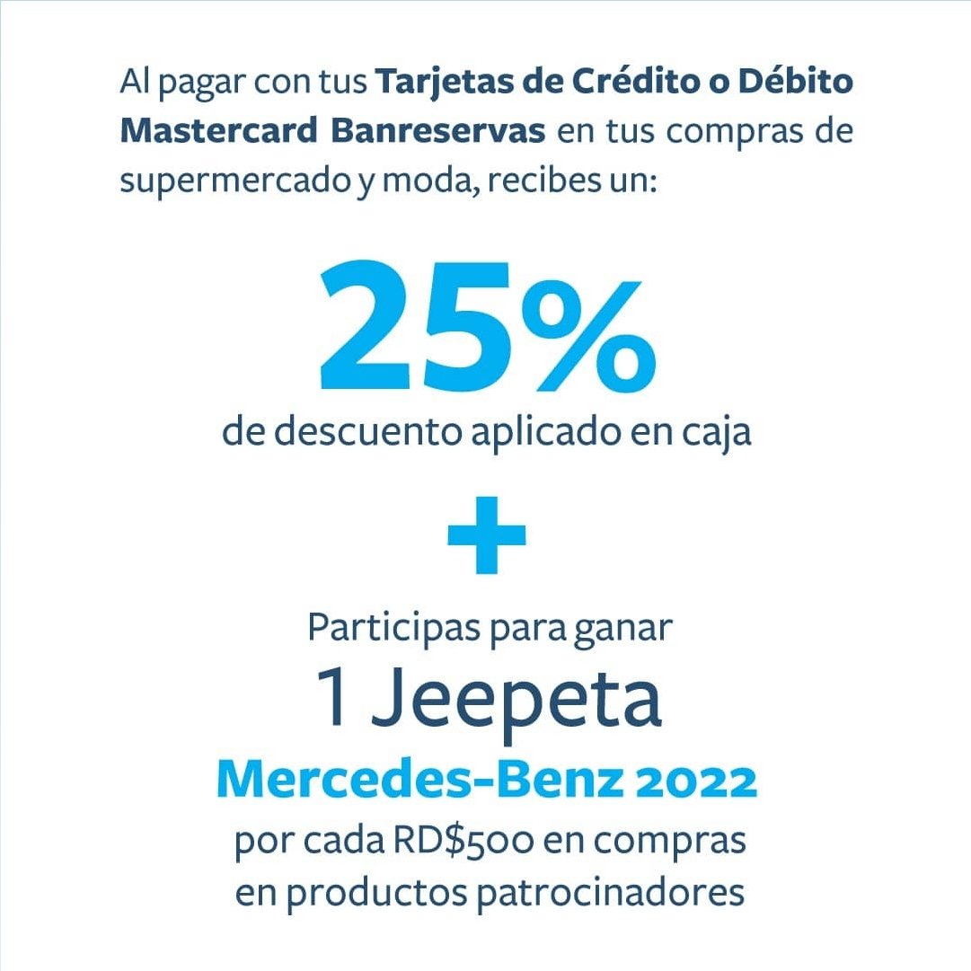 BanreservasRD's tweet photo. Aprovecha 25% de descuento al pagar con tus Tarjetas de Crédito o Débito Mastercard Banreservas, en compras de supermercado y moda en Plaza Lama por su 92 aniversario. https://t.co/WhEalGFMkN