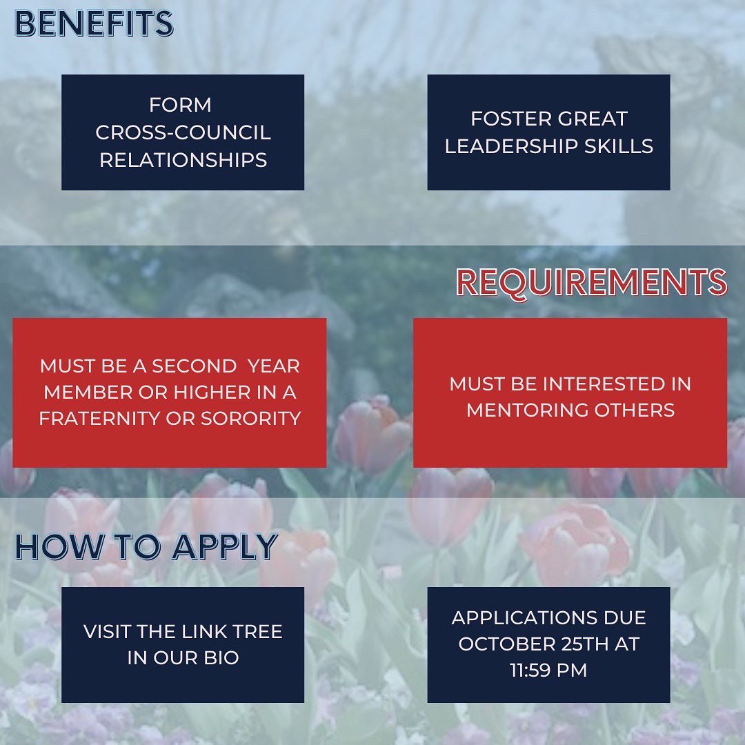 FSL Update: Are you a second year member or higher, looking to mentor first year greek students on their leadership capabilities? You can swipe to see more details on this opportunity. To apply, go to the link tree in our bio! Applications will close on November 5 at 11:59 PM ✨