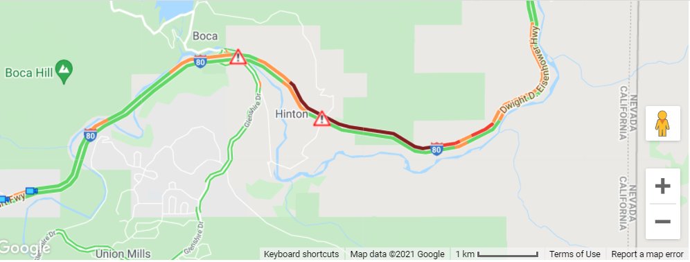 WB Interstate 80 near Hirschdale Road in <a href="/NevadaCountyCA/">County of Nevada, CA</a>, all lanes BLOCKED due to jack-knifed big rig. <a href="/CHP_Truckee/">CHP Truckee</a> and Caltrans on scene. No ETO.
