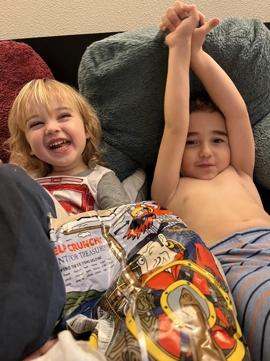 A whole day with my dudes. 😍

Snacks for breakfast in mom's bed while we watch cartoons. 

I'd say it's going swimmingly.