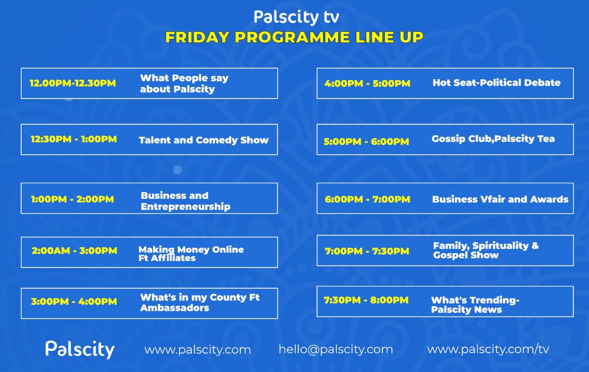 Ceo_Frank254's tweet photo. PALSCITY TV will now be rolling every Friday  
@Palscitysocial call upon anyone who is willing to be part of Palscity TV Programs that will be rolling up every Friday from 12.00-08.00 pm
 Interested in any show, inbox me your details by 5.00 pm on Saturday 23rd Oct.
#ndichutwins https://t.co/H8PJSqladQ
