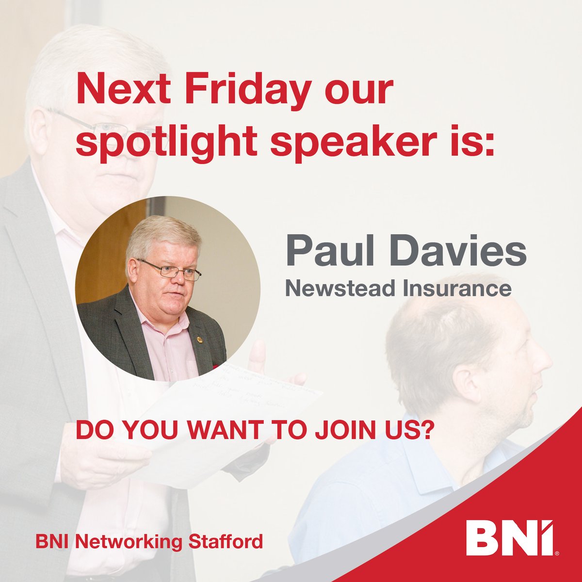 BniStafford's tweet photo. Our spotlight speaker next Friday (29th) is Paul Davies of Newstead Insurance. We are meeting Zoom at 7am. To visit us go to https://t.co/V4QW3m2Gu3 and register.

#bni #networkingstafford #localbusiness #insurance https://t.co/TyLYQw0fqR