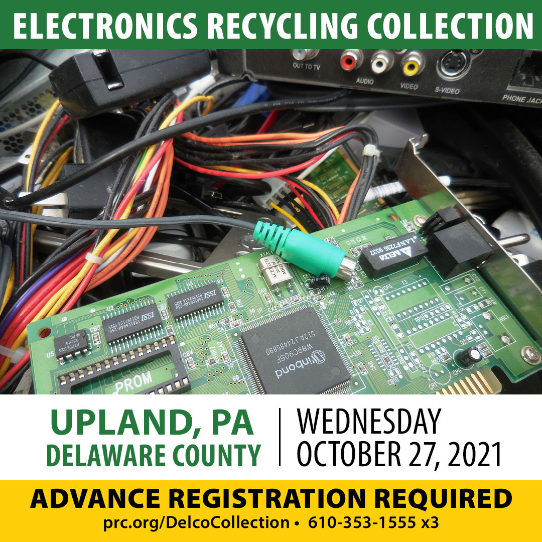 PRC_Litterbug's tweet photo. PRC will host an #electronics #recycling collection Wed, Oct 27, from 9 am to 1 pm at #UplandCountyPark in #DelawareCounty. Visit website for details and to register: https://t.co/eXZRKR7jrW. Sponsors include @PECOconnect, @DelcoFdn, #DelawareCountyParks and partner @Covanta. https://t.co/ct5fRHCRIL