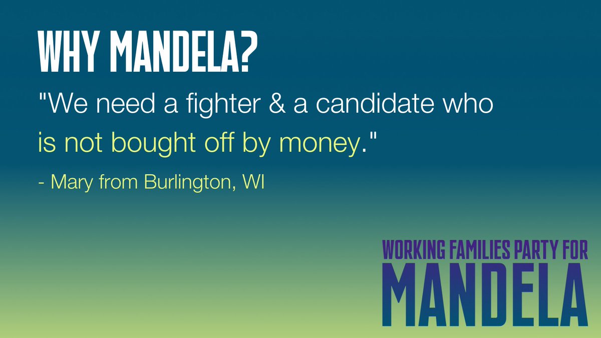 wiworkingfam's tweet photo. Why Mandela? Here's what Mary from Burlington, WI has to say!
Tell us why you're ready for @TheOtherMandela / @MandelaForWI with @WorkingFamilies at https://t.co/NBDObOx8Mv today!
#WFPforMandela #RunMandelaRun #WhyMandela https://t.co/PLCYh0W4oi