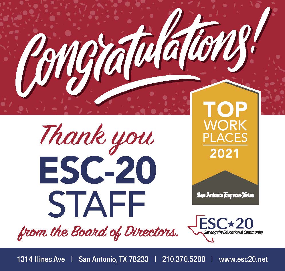 ESCRegion20's tweet image. What an honor to have been selected as a mid-size Top Workplace by the San Antonio @ExpressNews Survey feedback from employees is the sole basis for determining Top Workplaces. Congratulations to the amazing staff at ESC-20- You drive our success!! #EmployeeTalent