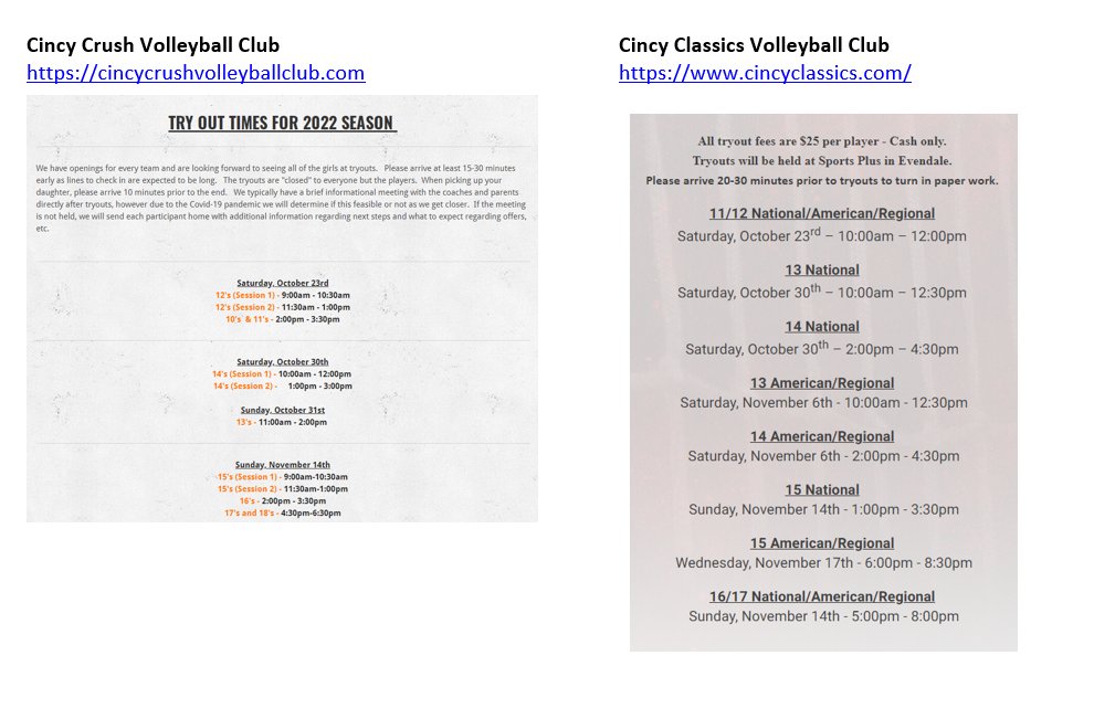 Club volleyball tryouts are just around the corner!!  Here is some information to help you get started if you are interested in playing this season!  🏐🏐