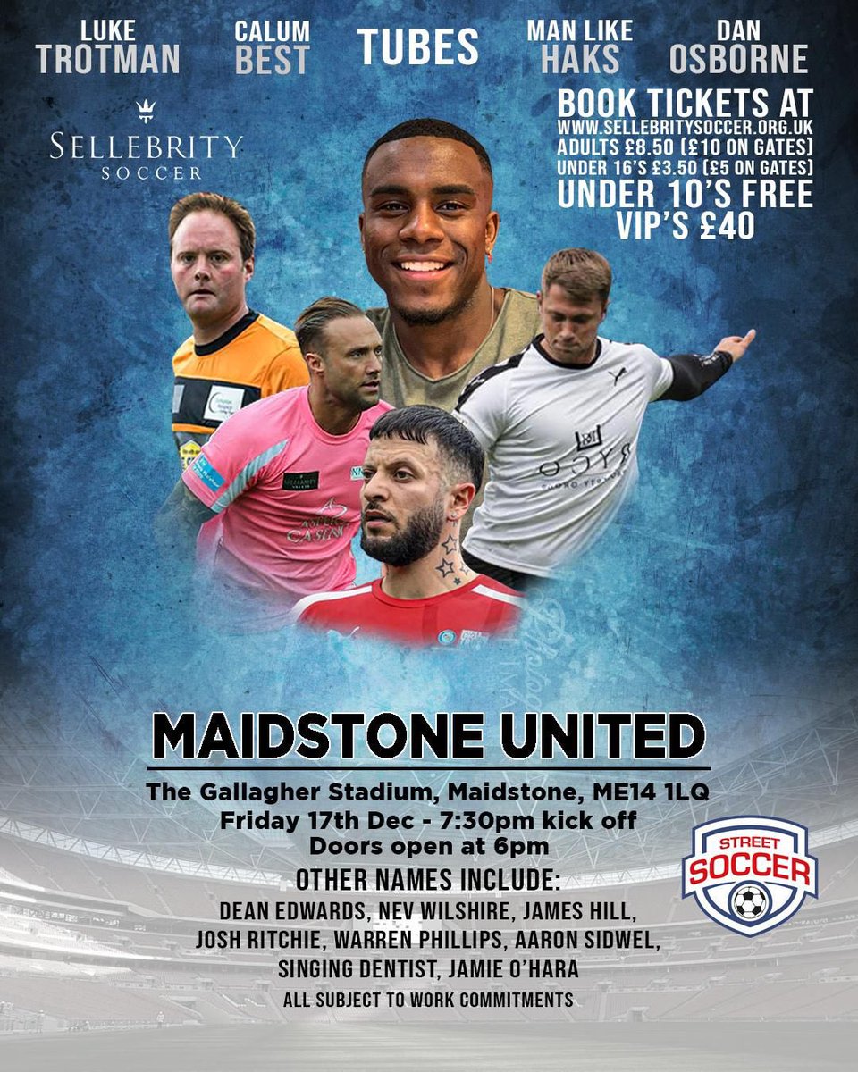 JHill_Official's tweet photo. 📯 NEW CELEBRITY MATCH 
⚽️ TICKETS ON SALE NOW
📆 Friday 17th December 2021
📍 Maidstone United FC - 7.30pm

I cannot wait to play in this huge celebrity match back at @maidstoneunited for @streetsoccerfoundation

Sponsor @Metro_Bank 

Book tickets now!! 
https://t.co/yQztQ79C2r https://t.co/mu7QjxlBmz