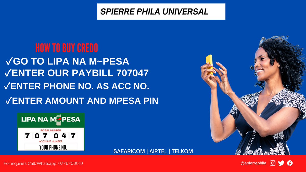 Buying airtime  just got easier with @spierrephila 
 simply go to mpesa menu 
✔Lipa na Mpesa
✔Paybill no is 707047 
✔Account number is your phone number
✔Enter amount then Mpesa pin
#RailaInNyamira #MtKenyaPollRelease Anne Kananu #NetflixKenya juliani #ndichutwins echesa