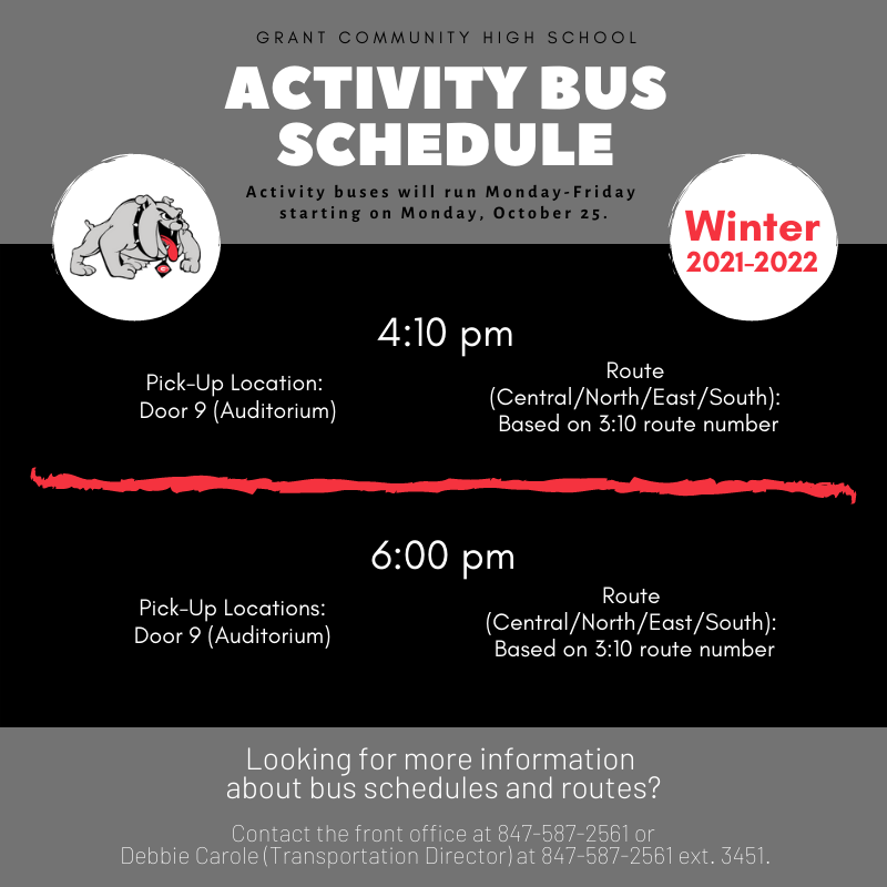 Beginning Monday, October 25, the after-school activity buses will be running at 4:10 and 6:00 PM. If you participate in an after-school activity, save this schedule as a reminder of when &amp; where your ride home will be.