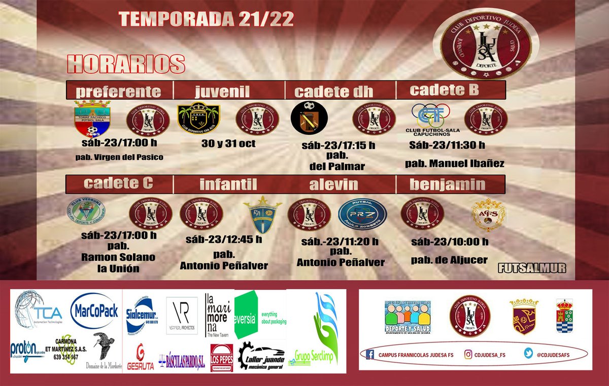 Horarios fin de semana 
equipos judesa fs