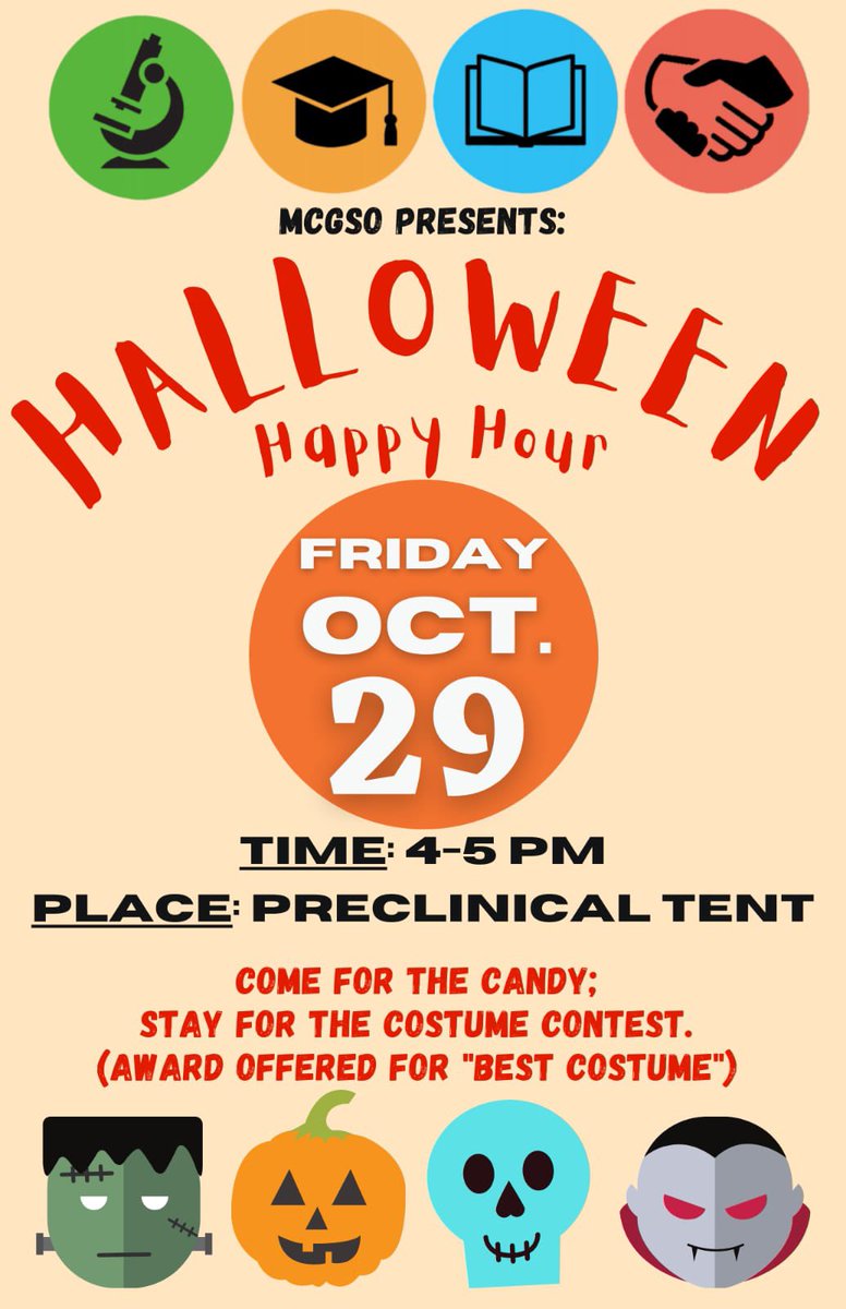 GUMCGSO's tweet photo. FRI, OCT 29, 4 - 5 pm: Come dressed in your best costume for a spooky Halloween Happy Hour (with candy and drinks!) 👻🎃 RSVP here: https://t.co/HycvnatHKT https://t.co/WgekPt3t5L