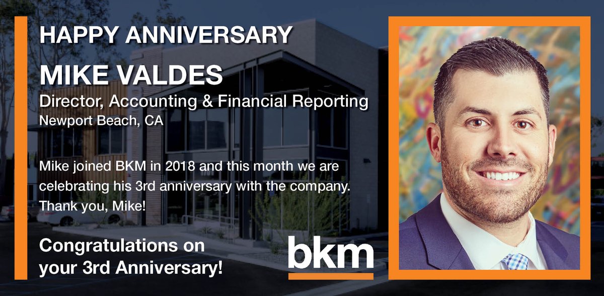bkm_management's tweet photo. Join us in congratulating Mike Valdes on his 3rd anniversary with the company. Thank you, Mike!

#BKMCP #BKMMGMT #TeamBKM #CompanyCulture #Milestone #Anniversary https://t.co/x11nR7bKEZ