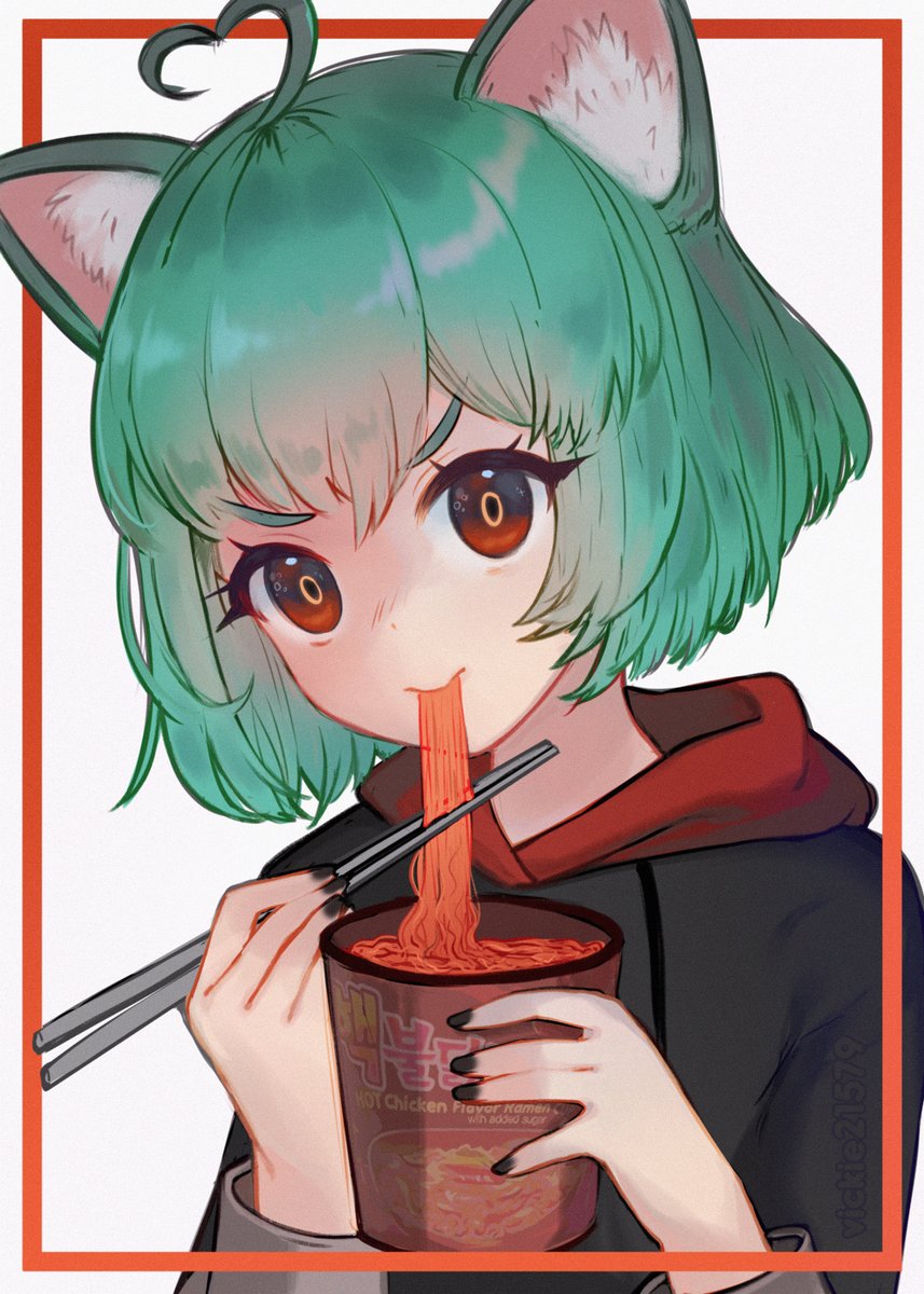 heart ahoge 1girl animal ears noodles solo chopsticks green hair  illustration images