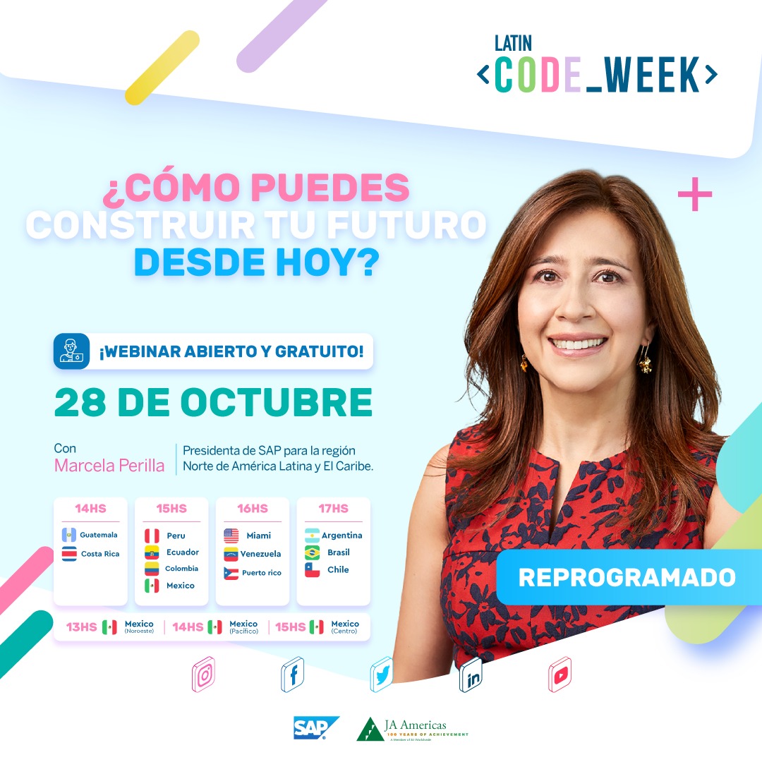 LatinCodeWeek's tweet photo. ❗Reprogramado
El webinar junto a Marcela Perilla tiene nueva fecha. #youngleaders
Te esperamos en una charla llena de inspiración para tu futuro desarrollo profesional.💼
Si tienes entre 16 y 24 años súmate aquí🔗https://t.co/slwI3bp4a4
@SAPLatinAmerica @JAAmericas @sap4good https://t.co/iNwtYDz6Vh