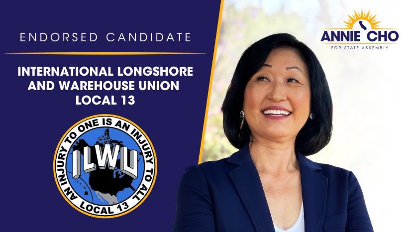 AnnieChoforCA's tweet photo. My commitment to protecting the rights, safety, and wages of our workers is unwavering — and it's proven in the wide-ranging labor coalition behind my campaign. I’m proud to earn the endorsement of the working men and women that make up ILWU Local 13. https://t.co/TUcJAjBVXl