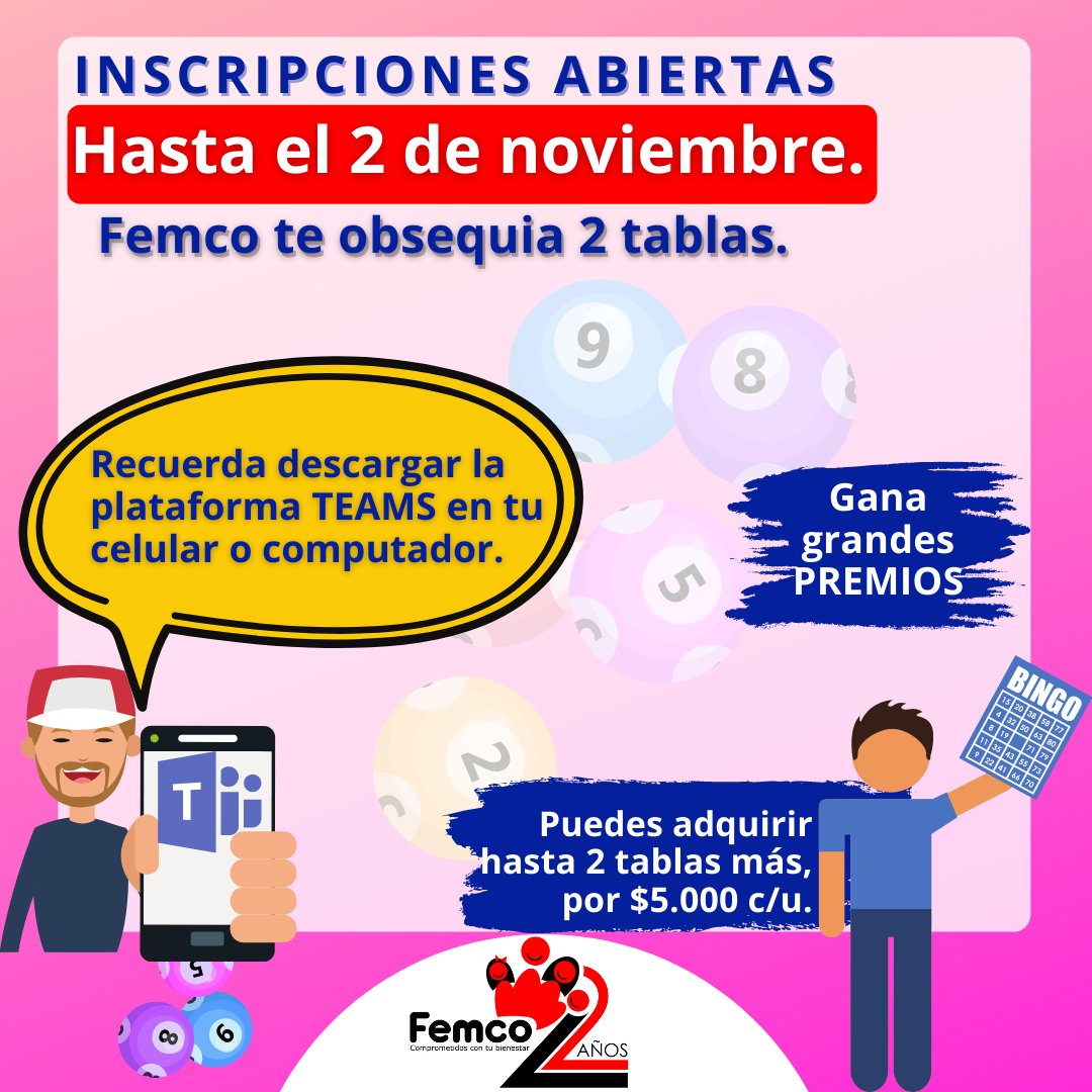 FFemco's tweet photo. Diversión en familia🤩👨👩👦 con nuestros Asociados.
.
Gana sin salir de casa💻🥳 .
.
Inscríbete a nuestro 🅑🅘🅝🅖🅞 🅥🅘🅡🅣🅤🅐🅛.
_
✅Noviembre 6⃣
✅Hora: 4⃣ pm
💥Recuerda descargar la plataforma ᴛᴇᴀᴍs.
#FamiliaFemco #Bingovirtual #Diversion #BeneficiosParaMi #bienestarfemco https://t.co/jEkhyqeXKY