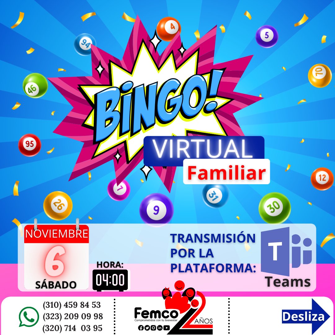 FFemco's tweet photo. Diversión en familia🤩👨👩👦 con nuestros Asociados.
.
Gana sin salir de casa💻🥳 .
.
Inscríbete a nuestro 🅑🅘🅝🅖🅞 🅥🅘🅡🅣🅤🅐🅛.
_
✅Noviembre 6⃣
✅Hora: 4⃣ pm
💥Recuerda descargar la plataforma ᴛᴇᴀᴍs.
#FamiliaFemco #Bingovirtual #Diversion #BeneficiosParaMi #bienestarfemco https://t.co/jEkhyqeXKY
