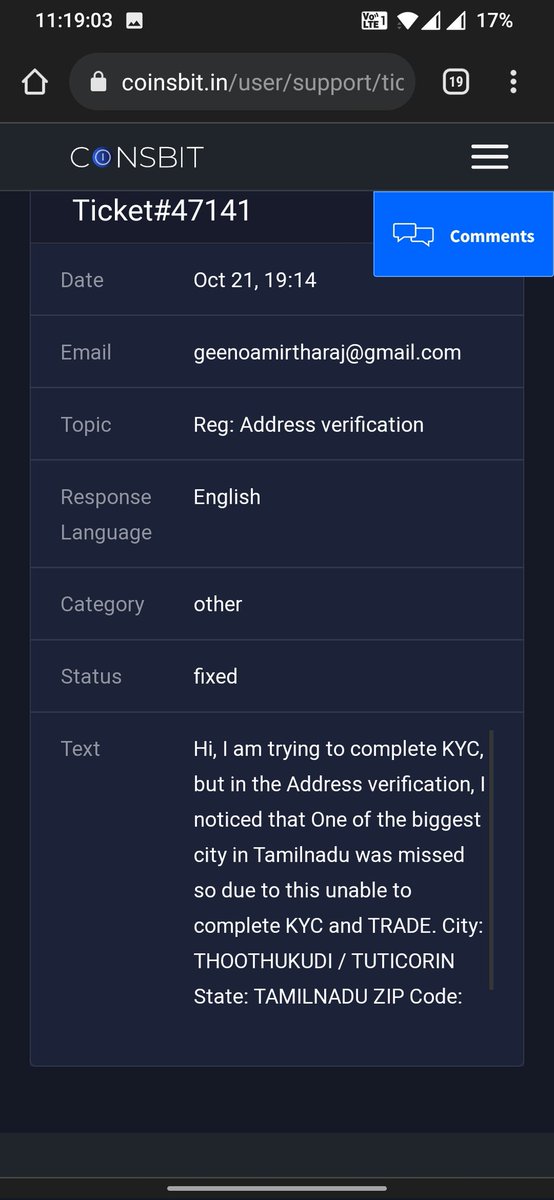 CyGeeno's tweet photo. Hi @CoinsbitIndia, I had raised a service ticket stating my City not listed, Now it is Fixed and  I am trying to resumbit my KYC process. Still it is behaving same. Nothing was updated then Why the status is Fixed ?. Very Disappointed ☹️ https://t.co/aJQ7h8gCKM