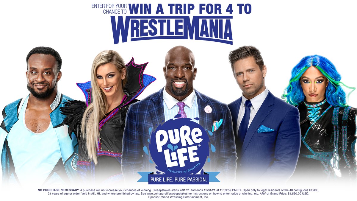WWE's tweet photo. Enter the WWE & Pure Life Sweepstakes today for your chance to win a trip for 4 to #WrestleMania 38!
Follow @PureLifeUS and @WWE then post using #PureLifePurePassion and #Sweepstakes and you could even meet a WWE Superstar in Dallas! https://t.co/A1FhmCqIau #ad https://t.co/RliaZXtD3Z