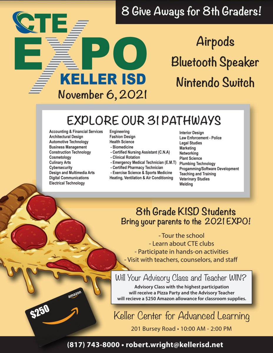 Hey KISD 8th Graders!! Do you want Airpods? Maybe a Bluetooth Speaker? Or how about a Nintendo Switch?

You could win one of these items just by attending the CTE Expo on November 6th at KCAL from 10- 2. Bring your parents and find out more about our 30+ Pathways. See you there!