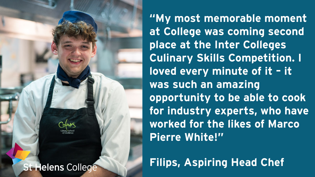 StHelensCollege's tweet photo. Aspiring Head Chef Filips is one of our fantastic former students, having completed the Level 3 Diploma in Advanced Professional Cookery after joining us from St Augustine of Canterbury Catholic High School.👏

#CollegesWeek #LoveOurColleges #GetInGoFurther https://t.co/kAIgNPSjoU