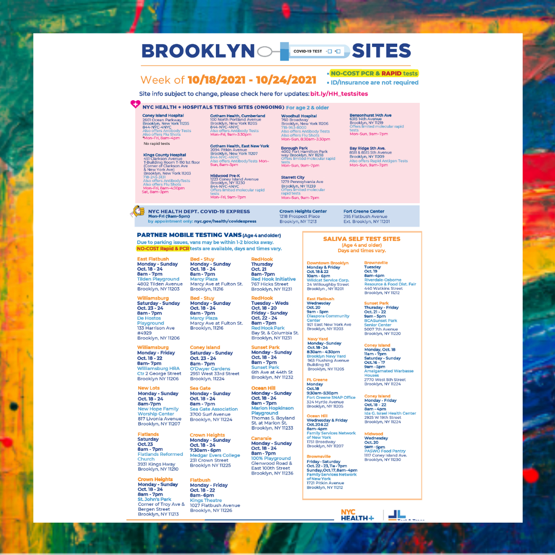 HealthPeopleOrg's tweet photo. Good Morning !🌞 

Check out these testing sites for the week in #Brooklyn💉

Click the link in our bio for  information on resources, events and more. 🔗 #TestingSites #NewYorkWellness #NYStrong ✊🏽 https://t.co/xq9c8mDyGM