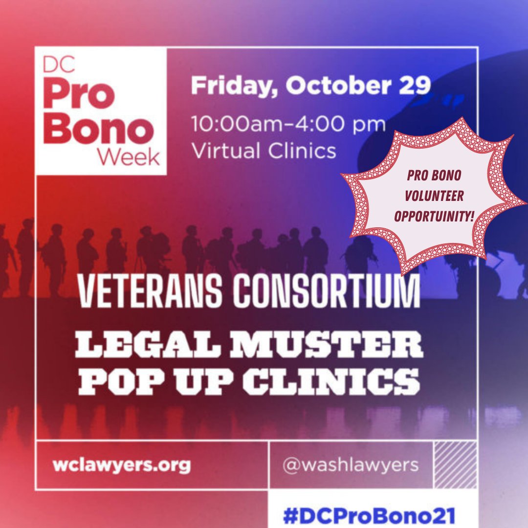 WashLawyers's tweet image. ONE WEEK AWAY: Mark your calendars! Sign up to volunteer with @vetsprobono as part of DC Pro Bono Week on October 29 to provide free legal advice to our nation’s defenders #DCProBono21 #CelebrateProBono wclawyers.org/dcpbw21-211025/