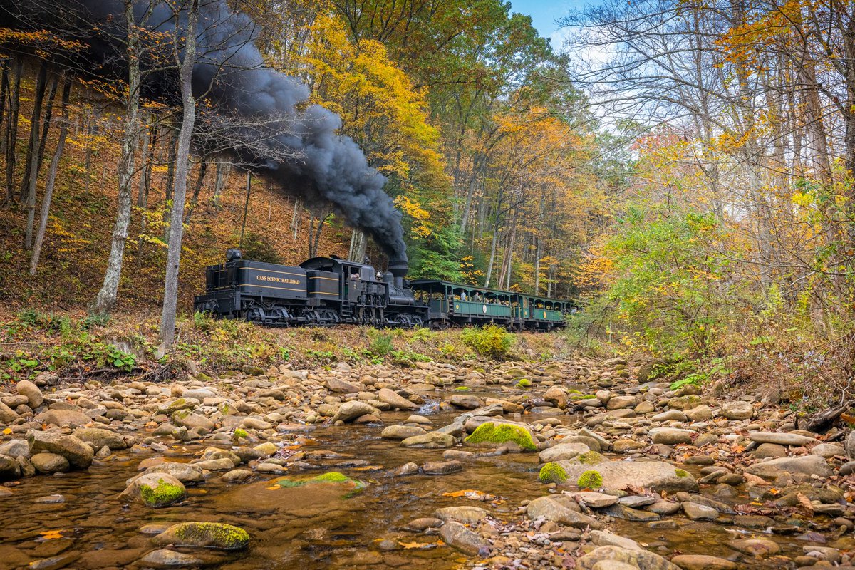 The legendary, 115 year old, Shay No. 5 passes Leatherbark Creek as it pushes the Whittaker excursion up Cass Hill. 🍂🍁

- casstrain.com -