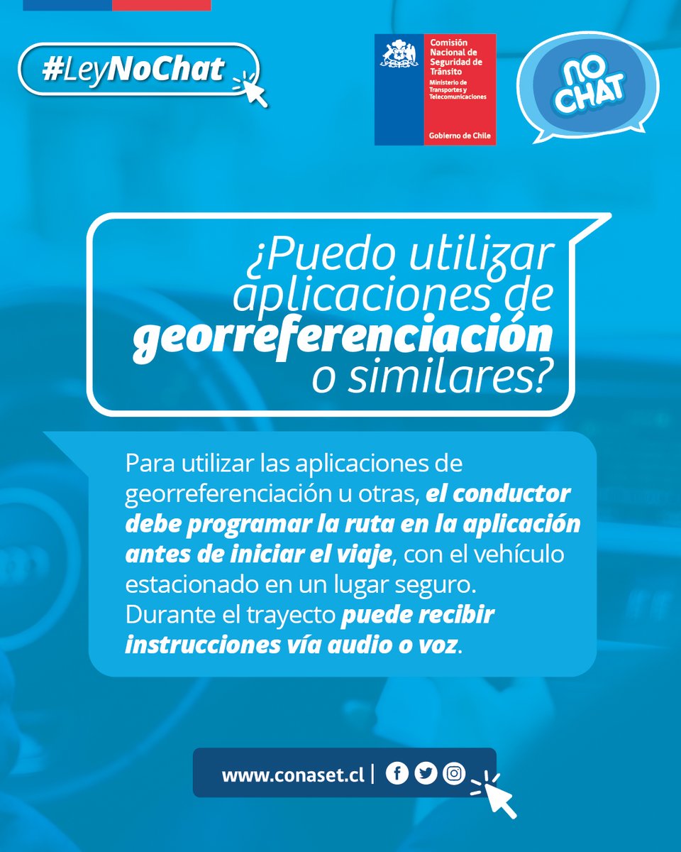 conaset's tweet photo. La #LeyNoChat📵 permite el uso de aplicaciones (ej: mapas) siempre que esta acción no implique manipular el dispositivo.

☝️Programa la ruta en la app antes de iniciar el viaje.
☝️Puedes recibir instrucciones vía audio o voz en el trayecto.

📱💻 +info ➡ https://t.co/mHOvCV6JPd https://t.co/evwewu14dr