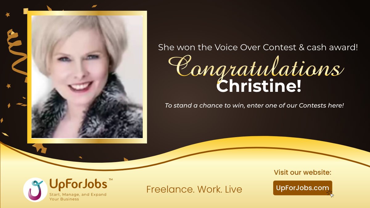 UpForJobs's tweet photo. Remember the #voiceover contest that we #promoted some days ago? Well, it's been awarded! Our #freelancer, Christine, won the #prize of 150$! What can we say, except to #Congratulate her and invite all of you to stay tuned! Who knows, maybe the next congratulation will go to you! https://t.co/QKq3EobXuQ