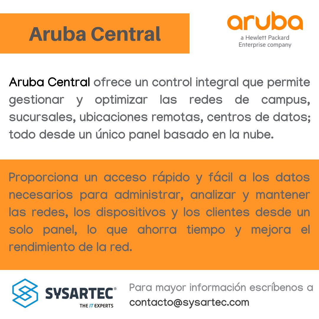 SYSARTEC's tweet photo. Supervisar el rendimiento, el estado y todos los datos de su red desde un solo lugar es posible con Aruba Central, una solución para redes en la nube con datos potenciados por IA. Si quieres mayor información, escríbenos a contacto@sysartec.com https://t.co/WQlb3uPriB