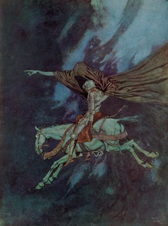 "Over the Mountains
Of the Moon,
Down the Valley of the Shadow,
Ride, boldly ride,"
The shade replied—
"If you seek for Eldorado!" (Poe)

🖼️ Edmund Dulac (#BOTD 1882) "El Dorado" (1912)

#FaustianFriday #31DaysOfHalloween